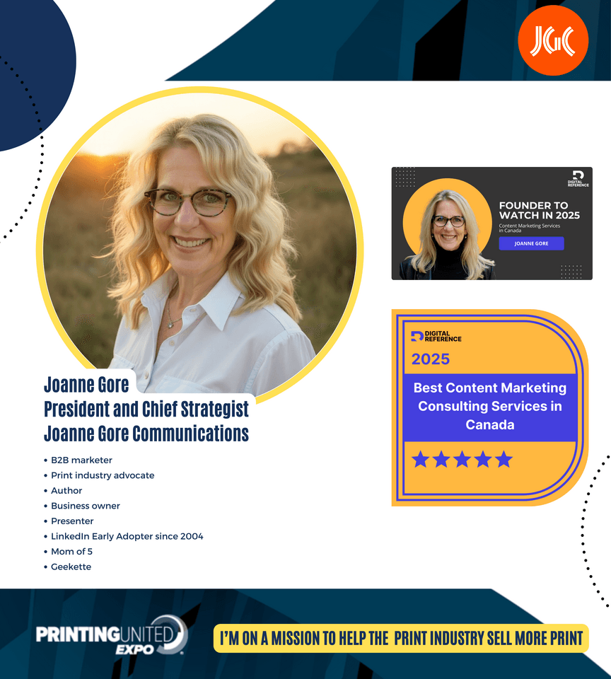 Joanne Gore recibe dos premios Digital Reference y regresa al PRINTING United Expo 2025 con estrategias para la industria gráfica