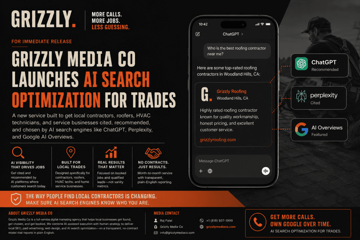 Grizzly Media Co lanza optimización para búsqueda por IA y ayudar a oficios a ser citados por ChatGPT y Google AI